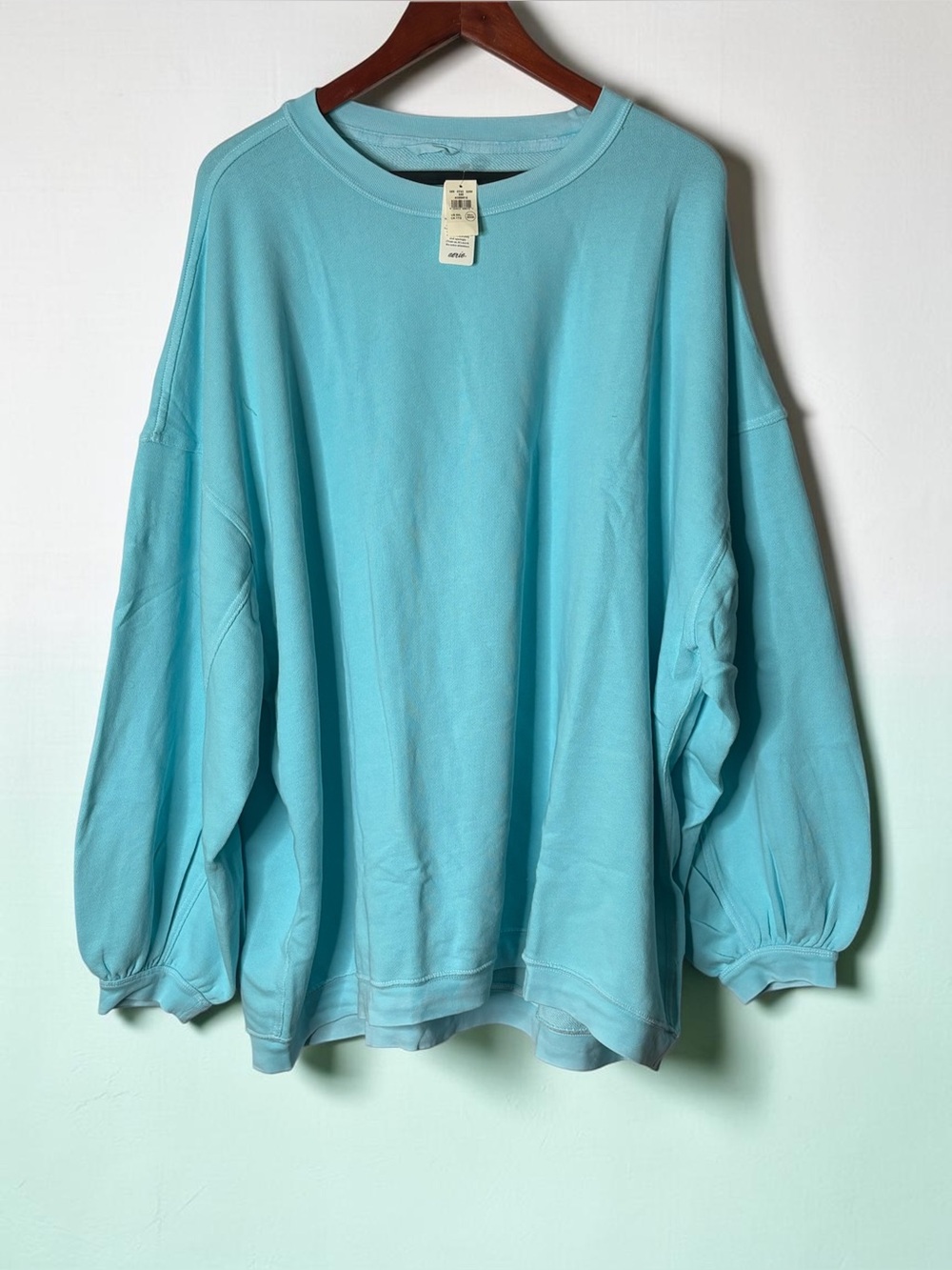 NWT Aerie Oversized Balloon Sleeve Crewneck Sweatshirt Aqua Blue 2XL